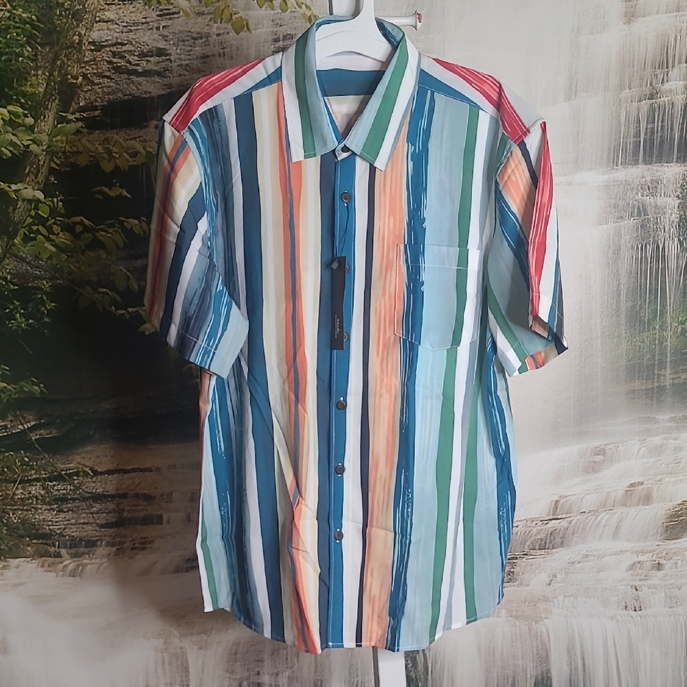 NWT! Mcedar Mens Medium colorful stripes vacation vibes Short Sleeve dress shirt